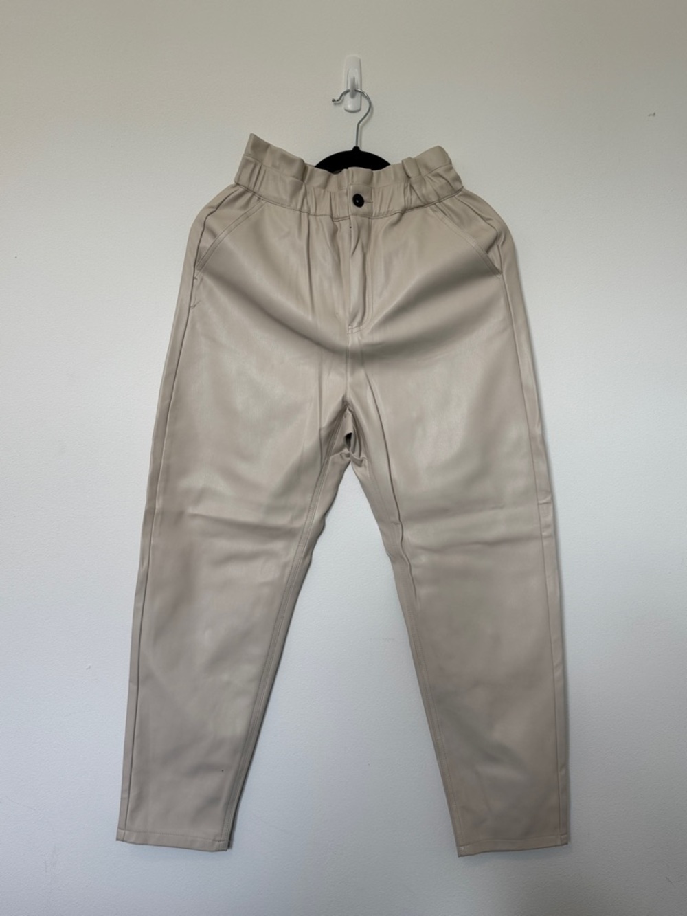 Zara Light Beige Faux-Leather Tapered Pants
